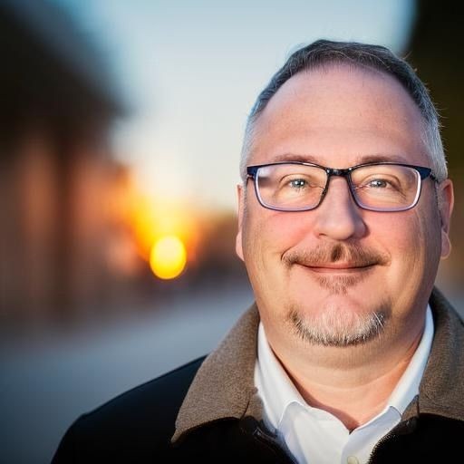 Close-up portrait of Matt Payne smiling. He has glasses and a goatee, standing outdoors with a blurred background and a warm sunset.